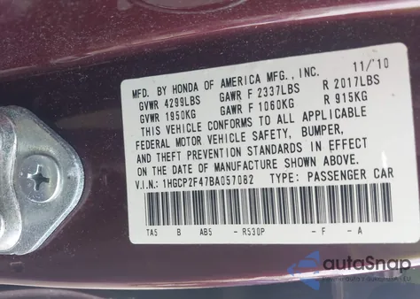 2011 Honda Accord 2.4 Lx-P из США, поврежденный, VIN 1HGCP2F47BA057082